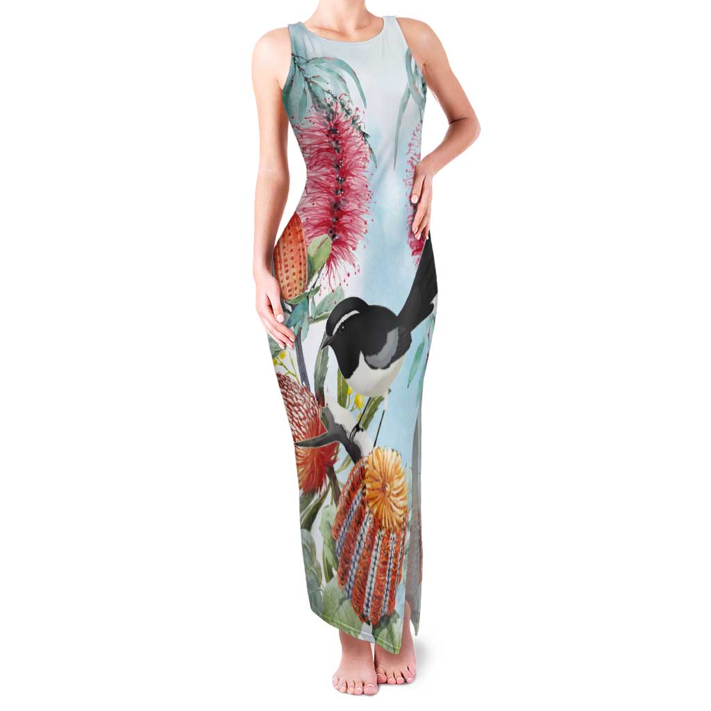 Willie wagtail Australia Tank Maxi Dress Banksia Bottlebrushes Watercolor Stylized - Aussie Hoodie