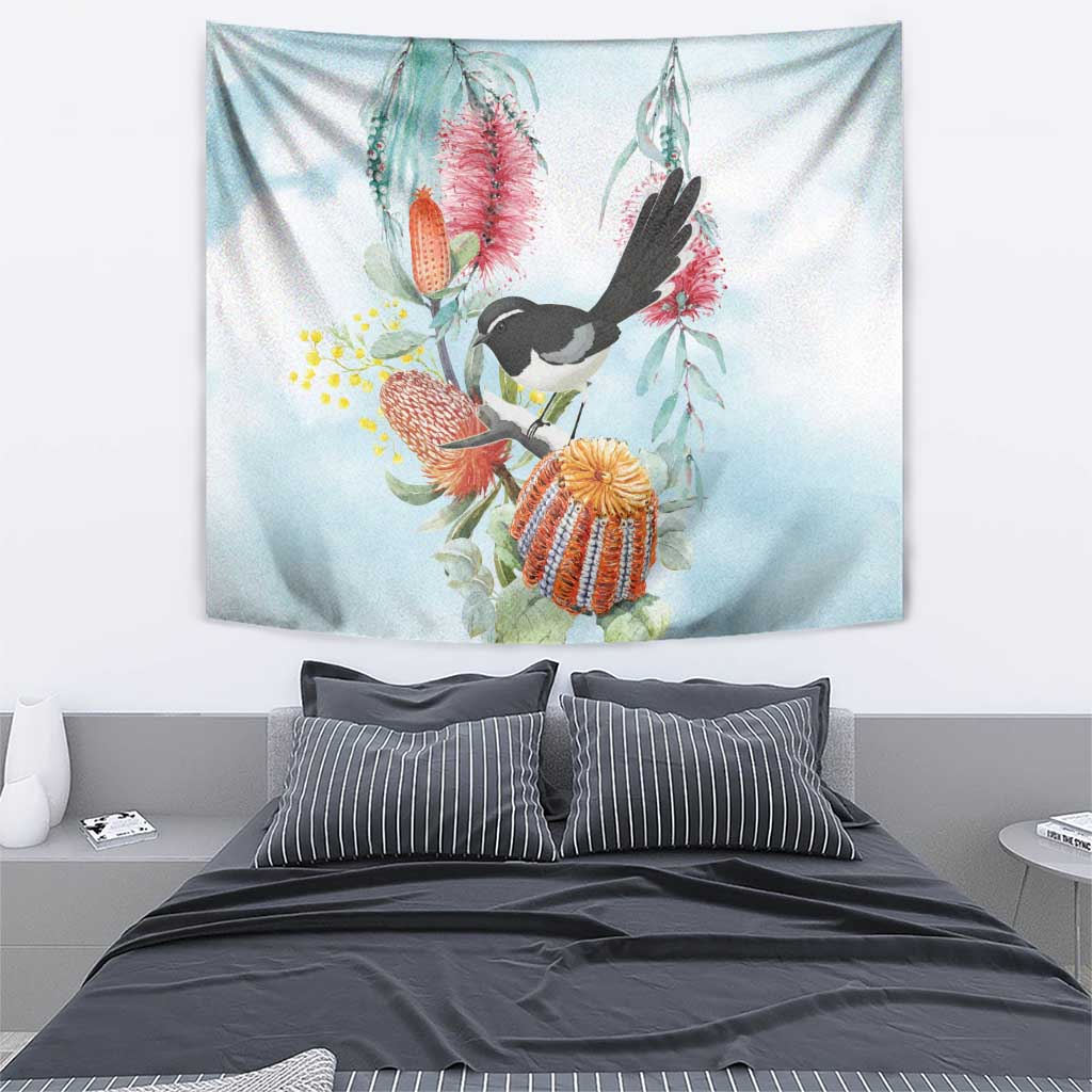 Willie wagtail Australia Tapestry Banksia Bottlebrushes Watercolor Stylized - Aussie Hoodie