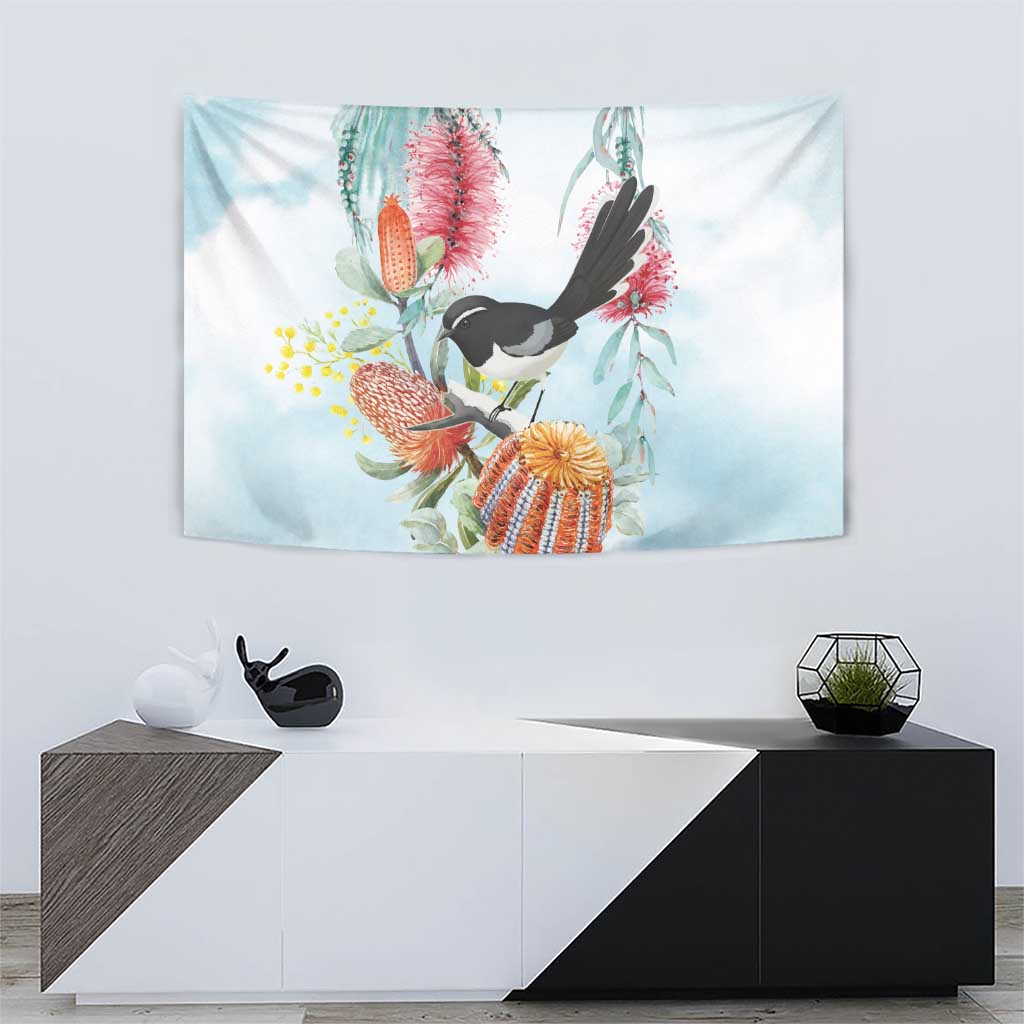 Willie wagtail Australia Tapestry Banksia Bottlebrushes Watercolor Stylized - Aussie Hoodie