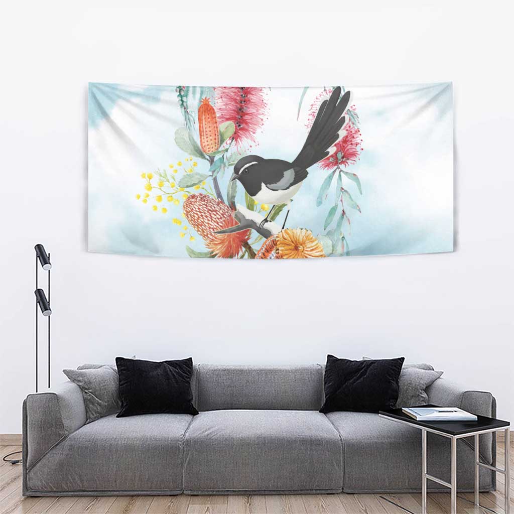 Willie wagtail Australia Tapestry Banksia Bottlebrushes Watercolor Stylized - Aussie Hoodie