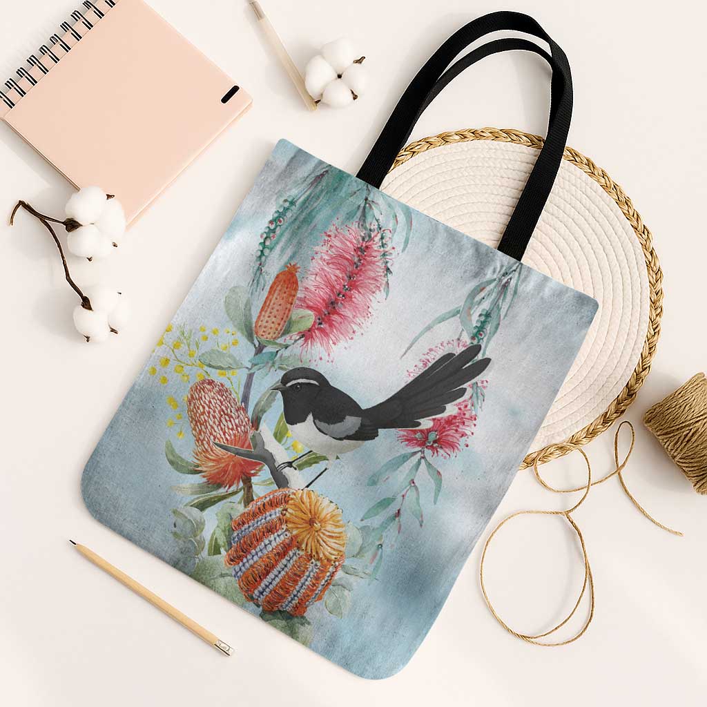 Willie wagtail Australia Tote Bag Banksia Bottlebrushes Watercolor Stylized - Aussie Hoodie