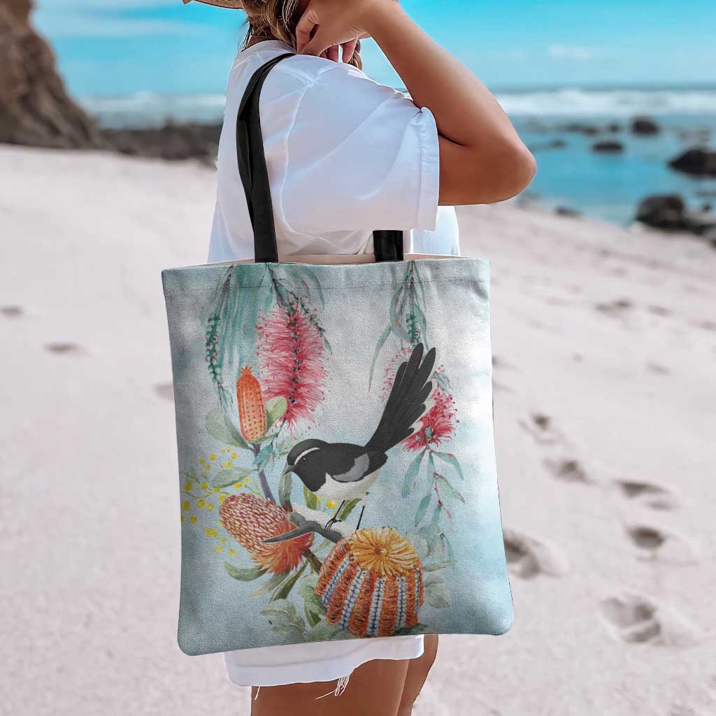 Willie wagtail Australia Tote Bag Banksia Bottlebrushes Watercolor Stylized - Aussie Hoodie