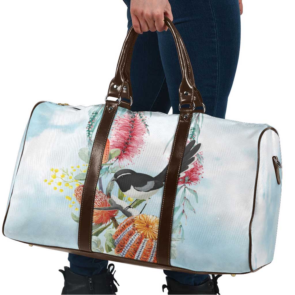 Willie wagtail Australia Travel Bag Banksia Bottlebrushes Watercolor Stylized - Aussie Hoodie