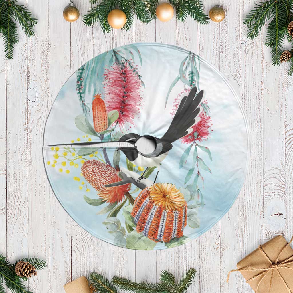 Willie wagtail Australia Tree Skirt Banksia Bottlebrushes Watercolor Stylized - Aussie Hoodie