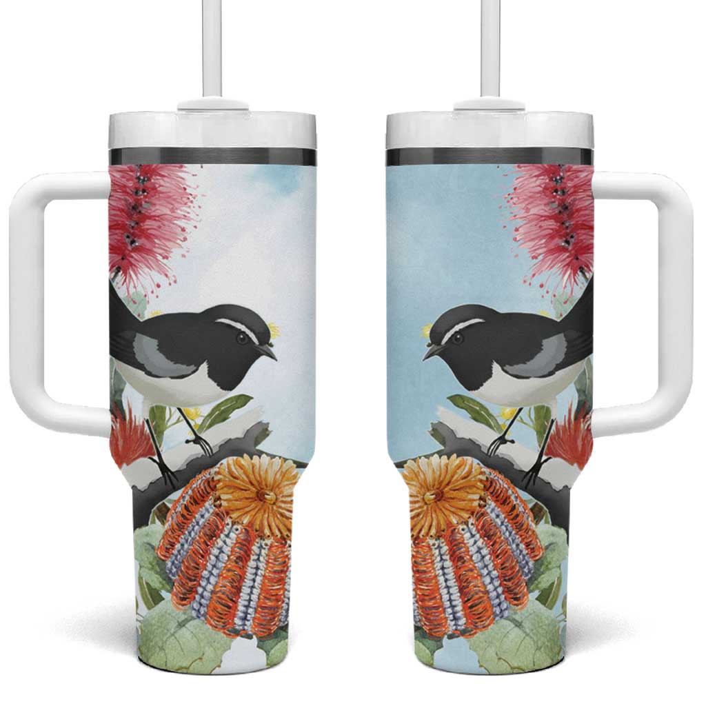 Willie wagtail Australia Tumbler With Handle Banksia Bottlebrushes Watercolor Stylized - Aussie Hoodie