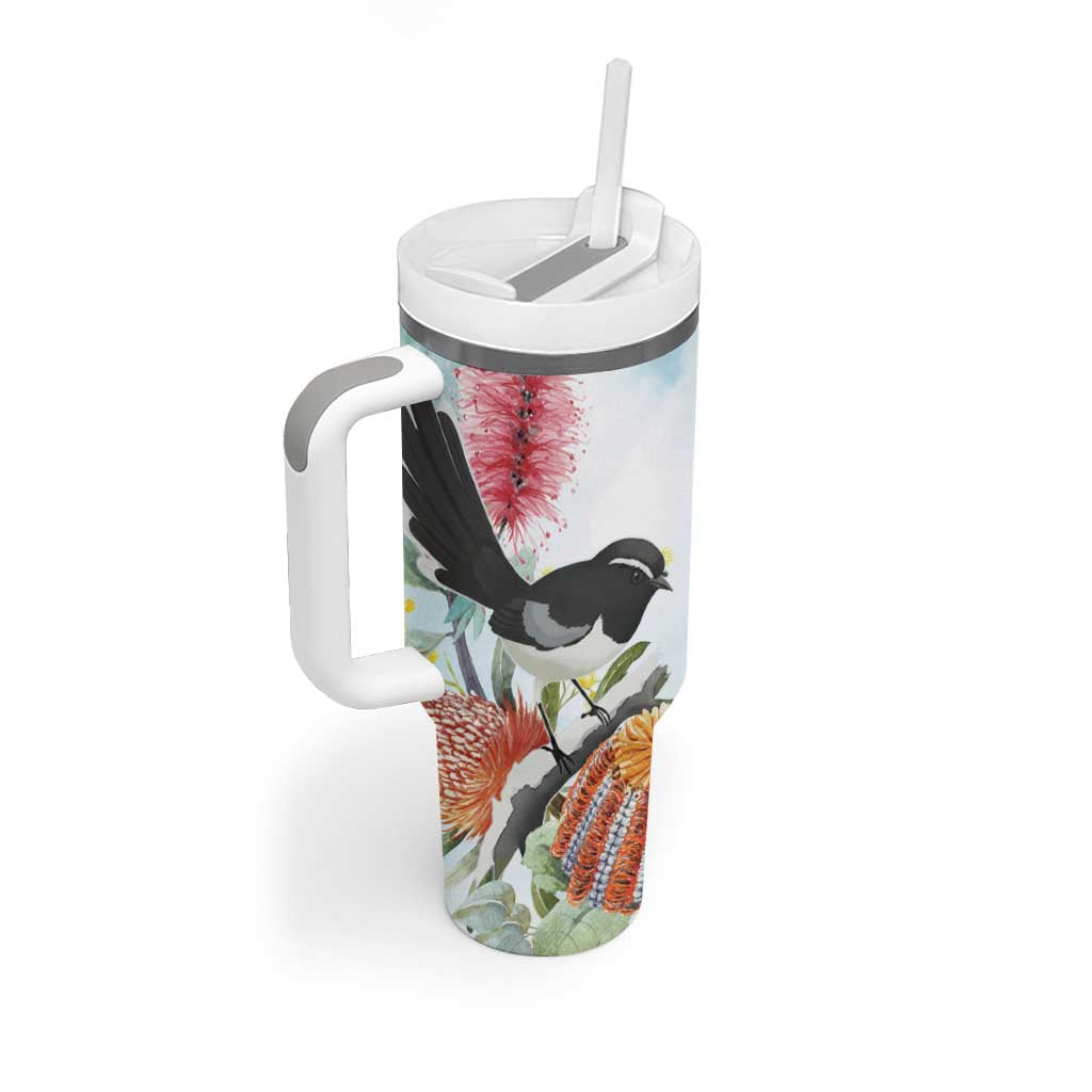 Willie wagtail Australia Tumbler With Handle Banksia Bottlebrushes Watercolor Stylized - Aussie Hoodie