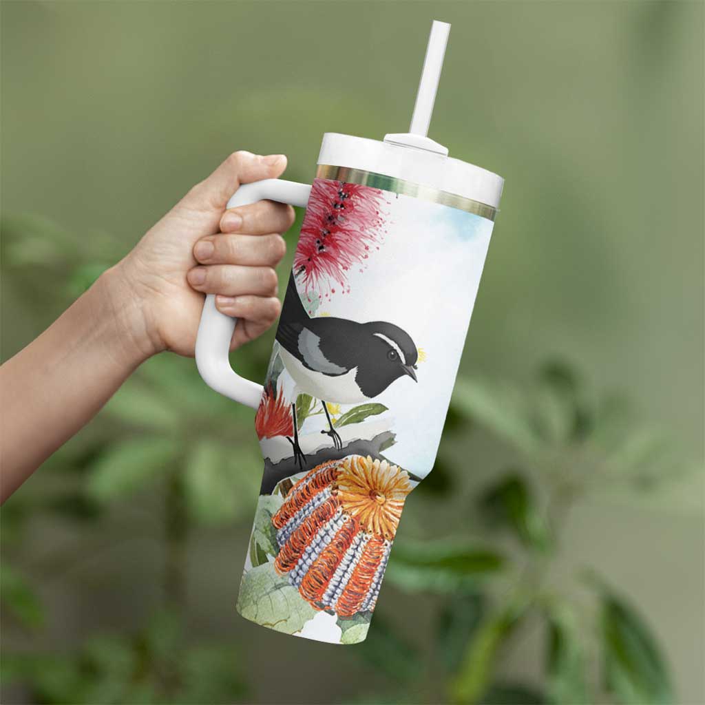 Willie wagtail Australia Tumbler With Handle Banksia Bottlebrushes Watercolor Stylized - Aussie Hoodie