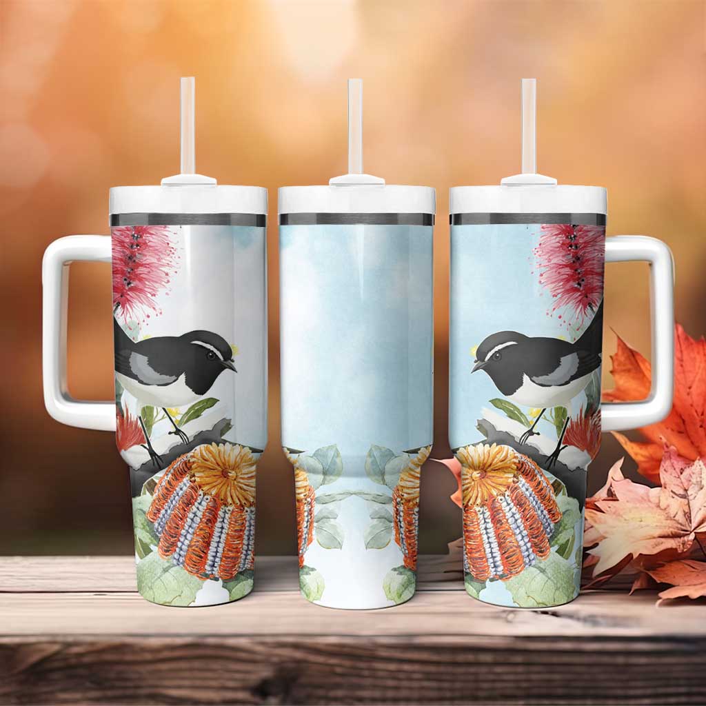 Willie wagtail Australia Tumbler With Handle Banksia Bottlebrushes Watercolor Stylized - Aussie Hoodie