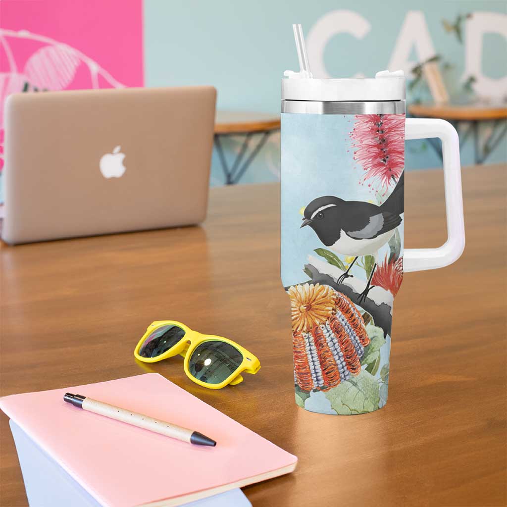 Willie wagtail Australia Tumbler With Handle Banksia Bottlebrushes Watercolor Stylized - Aussie Hoodie