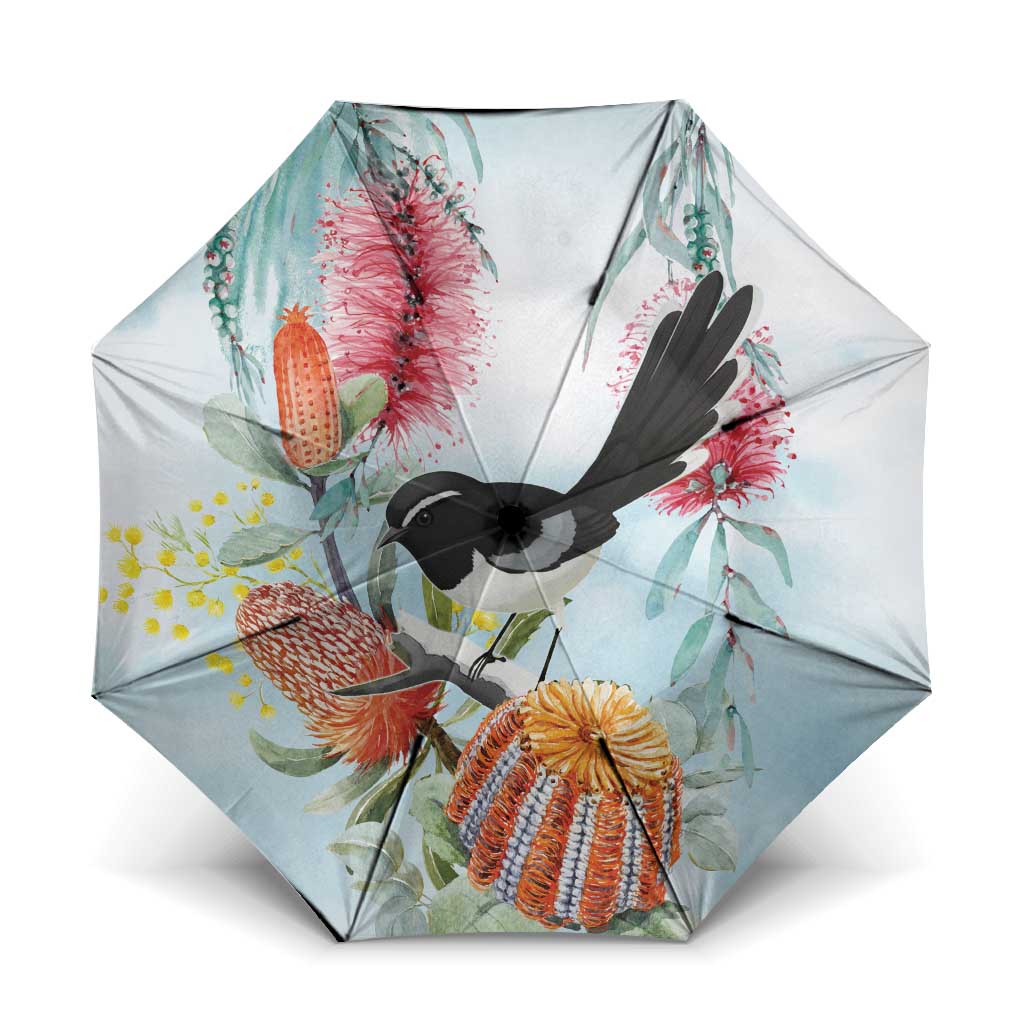 Willie wagtail Australia Umbrella Banksia Bottlebrushes Watercolor Stylized - Aussie Hoodie