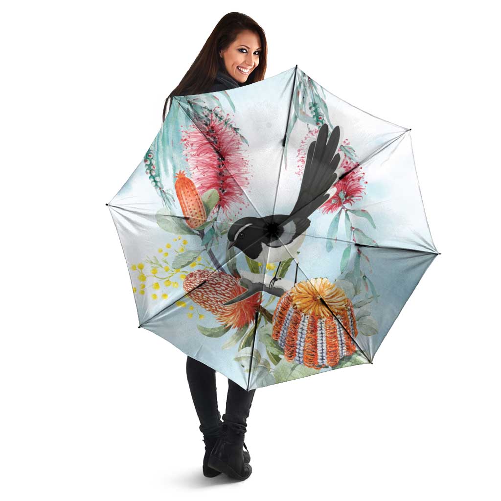 Willie wagtail Australia Umbrella Banksia Bottlebrushes Watercolor Stylized - Aussie Hoodie
