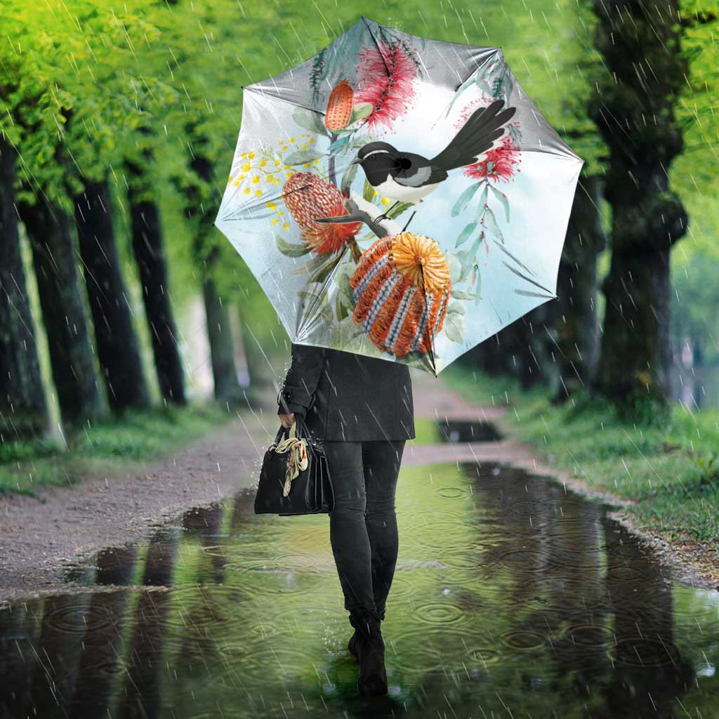 Willie wagtail Australia Umbrella Banksia Bottlebrushes Watercolor Stylized - Aussie Hoodie
