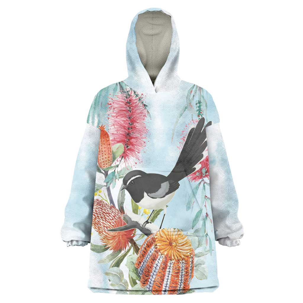 Willie wagtail Australia Wearable Blanket Hoodie Banksia Bottlebrushes Watercolor Stylized - Aussie Hoodie