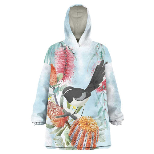 Willie wagtail Australia Wearable Blanket Hoodie Banksia Bottlebrushes Watercolor Stylized - Aussie Hoodie