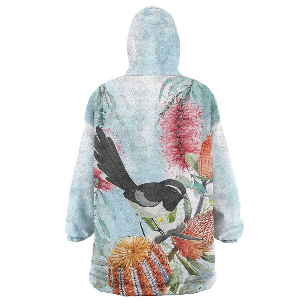 Willie wagtail Australia Wearable Blanket Hoodie Banksia Bottlebrushes Watercolor Stylized - Aussie Hoodie