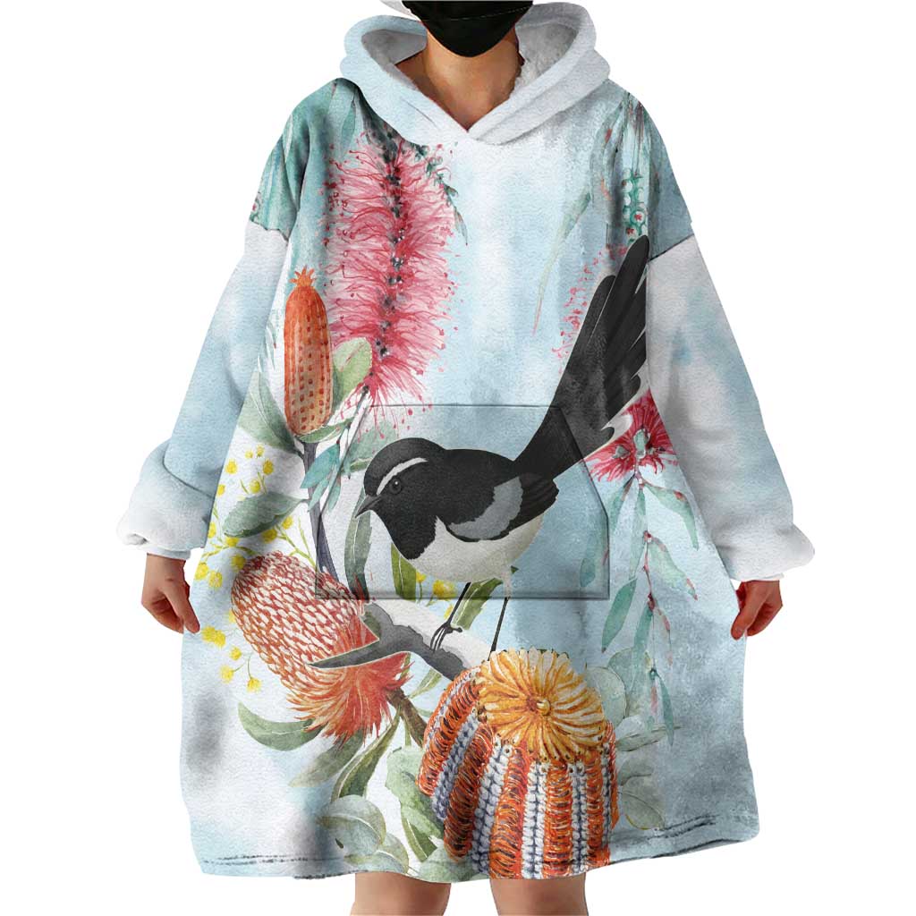 Willie wagtail Australia Wearable Blanket Hoodie Banksia Bottlebrushes Watercolor Stylized - Aussie Hoodie