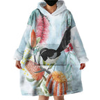 Willie wagtail Australia Wearable Blanket Hoodie Banksia Bottlebrushes Watercolor Stylized - Aussie Hoodie