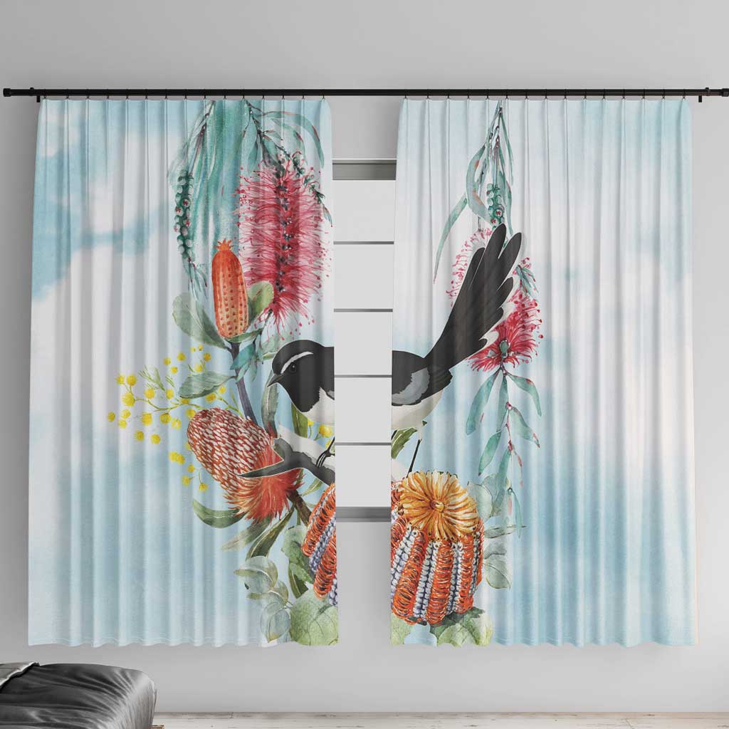 Willie wagtail Australia Window Curtain Banksia Bottlebrushes Watercolor Stylized - Aussie Hoodie