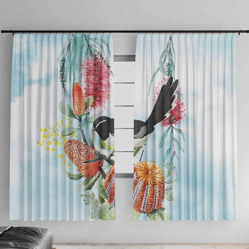 Willie wagtail Australia Window Curtain Banksia Bottlebrushes Watercolor Stylized - Aussie Hoodie