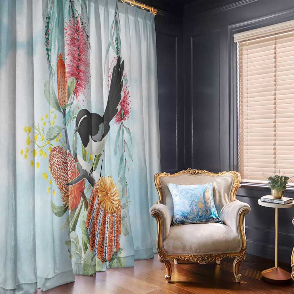 Willie wagtail Australia Window Curtain Banksia Bottlebrushes Watercolor Stylized - Aussie Hoodie