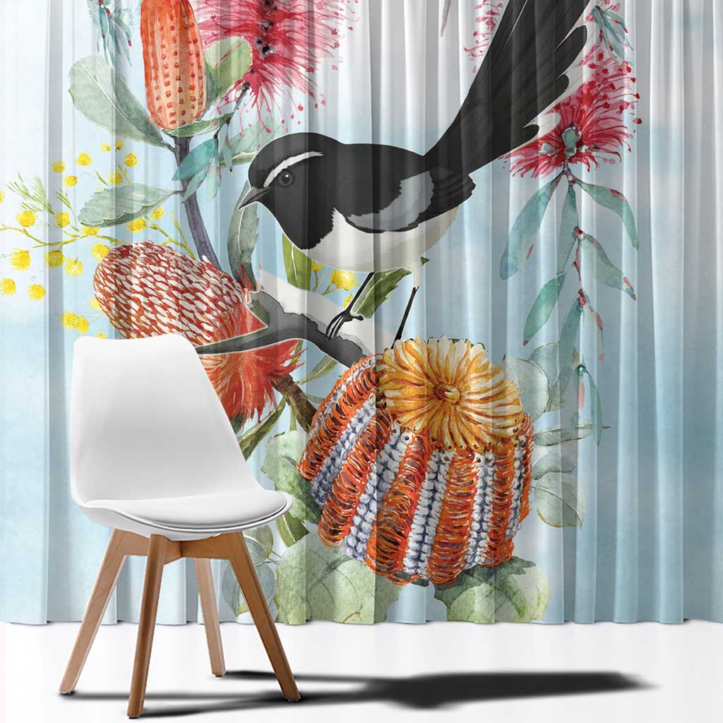 Willie wagtail Australia Window Curtain Banksia Bottlebrushes Watercolor Stylized - Aussie Hoodie