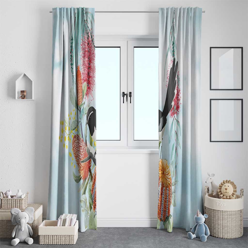 Willie wagtail Australia Window Curtain Banksia Bottlebrushes Watercolor Stylized - Aussie Hoodie