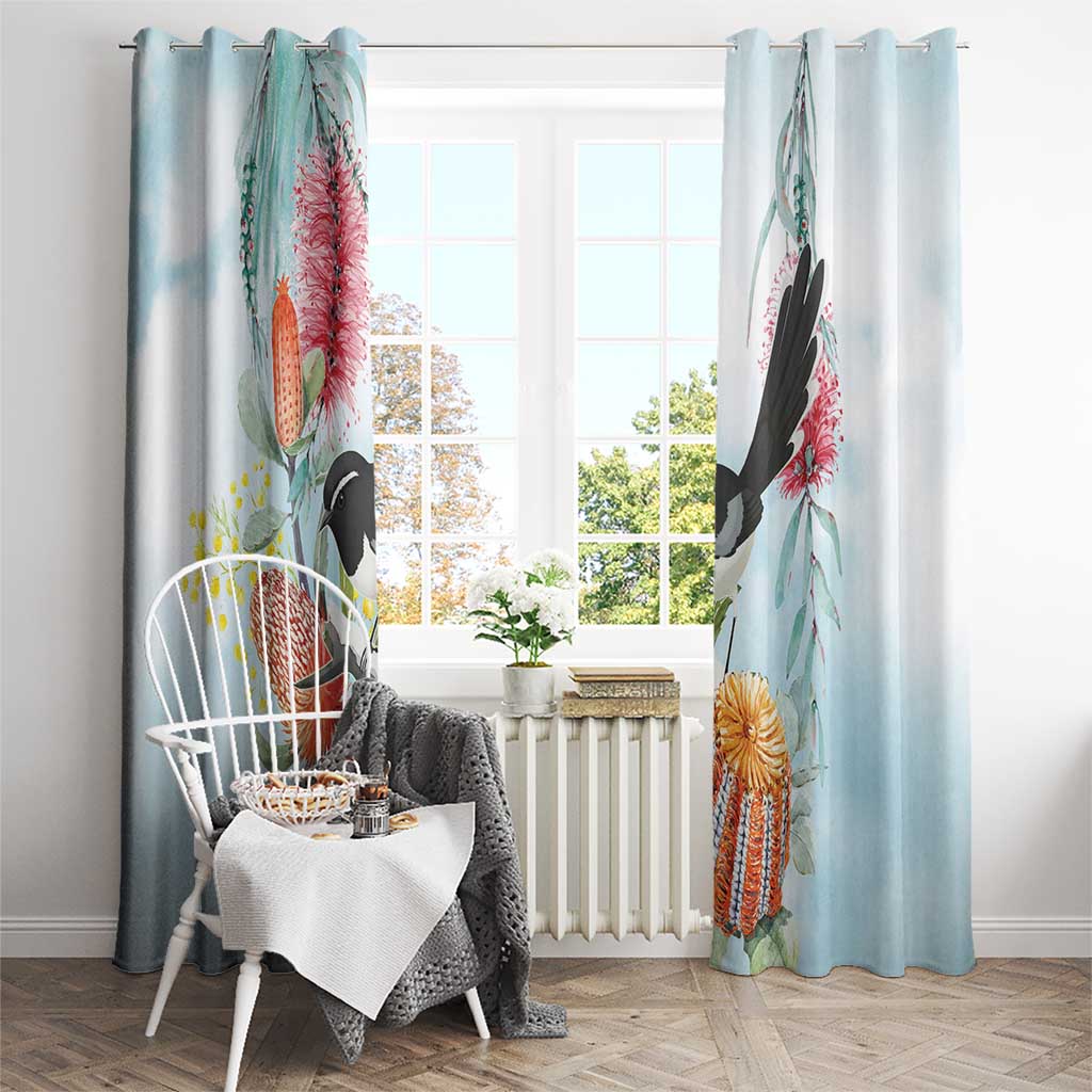 Willie wagtail Australia Window Curtain Banksia Bottlebrushes Watercolor Stylized - Aussie Hoodie