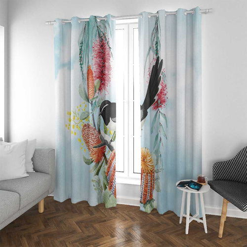 Willie wagtail Australia Window Curtain Banksia Bottlebrushes Watercolor Stylized - Aussie Hoodie