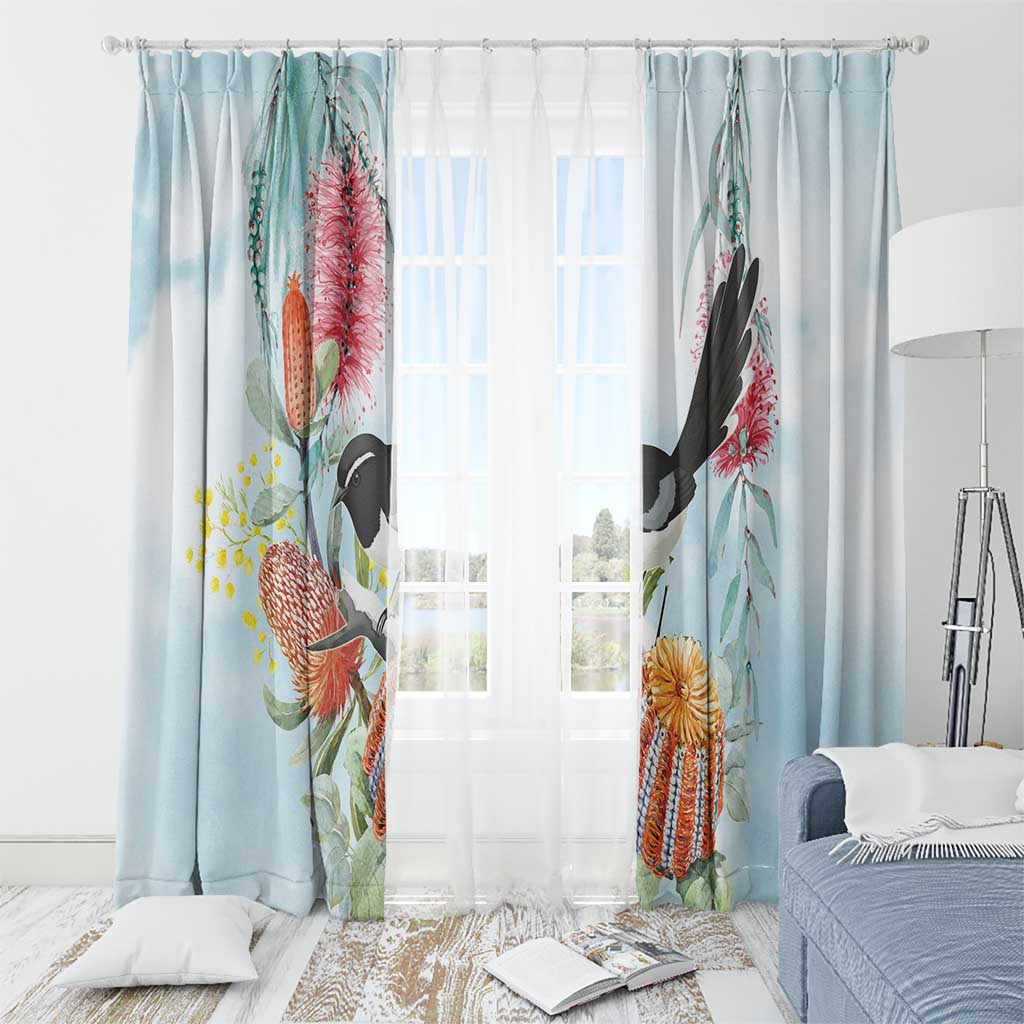 Willie wagtail Australia Window Curtain Banksia Bottlebrushes Watercolor Stylized - Aussie Hoodie