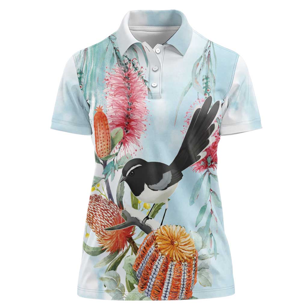 Willie wagtail Australia Women Polo Shirt Banksia Bottlebrushes Watercolor Stylized - Aussie Hoodie