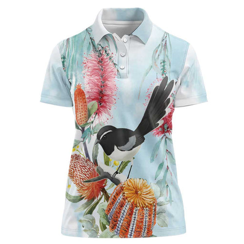 Willie wagtail Australia Women Polo Shirt Banksia Bottlebrushes Watercolor Stylized - Aussie Hoodie