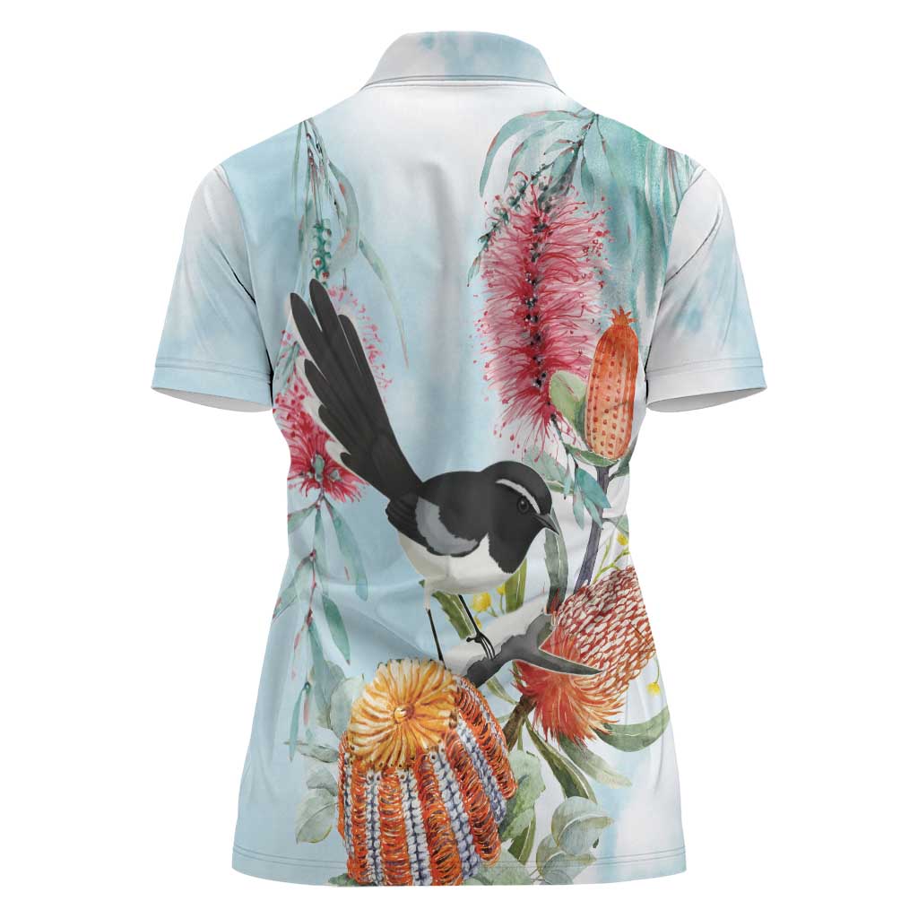 Willie wagtail Australia Women Polo Shirt Banksia Bottlebrushes Watercolor Stylized - Aussie Hoodie