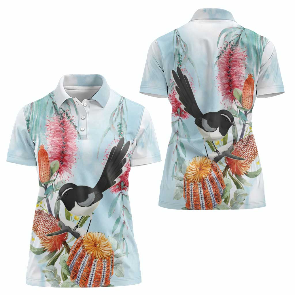 Willie wagtail Australia Women Polo Shirt Banksia Bottlebrushes Watercolor Stylized - Aussie Hoodie