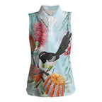 Willie wagtail Australia Women Sleeveless Polo Shirt Banksia Bottlebrushes Watercolor Stylized - Aussie Hoodie