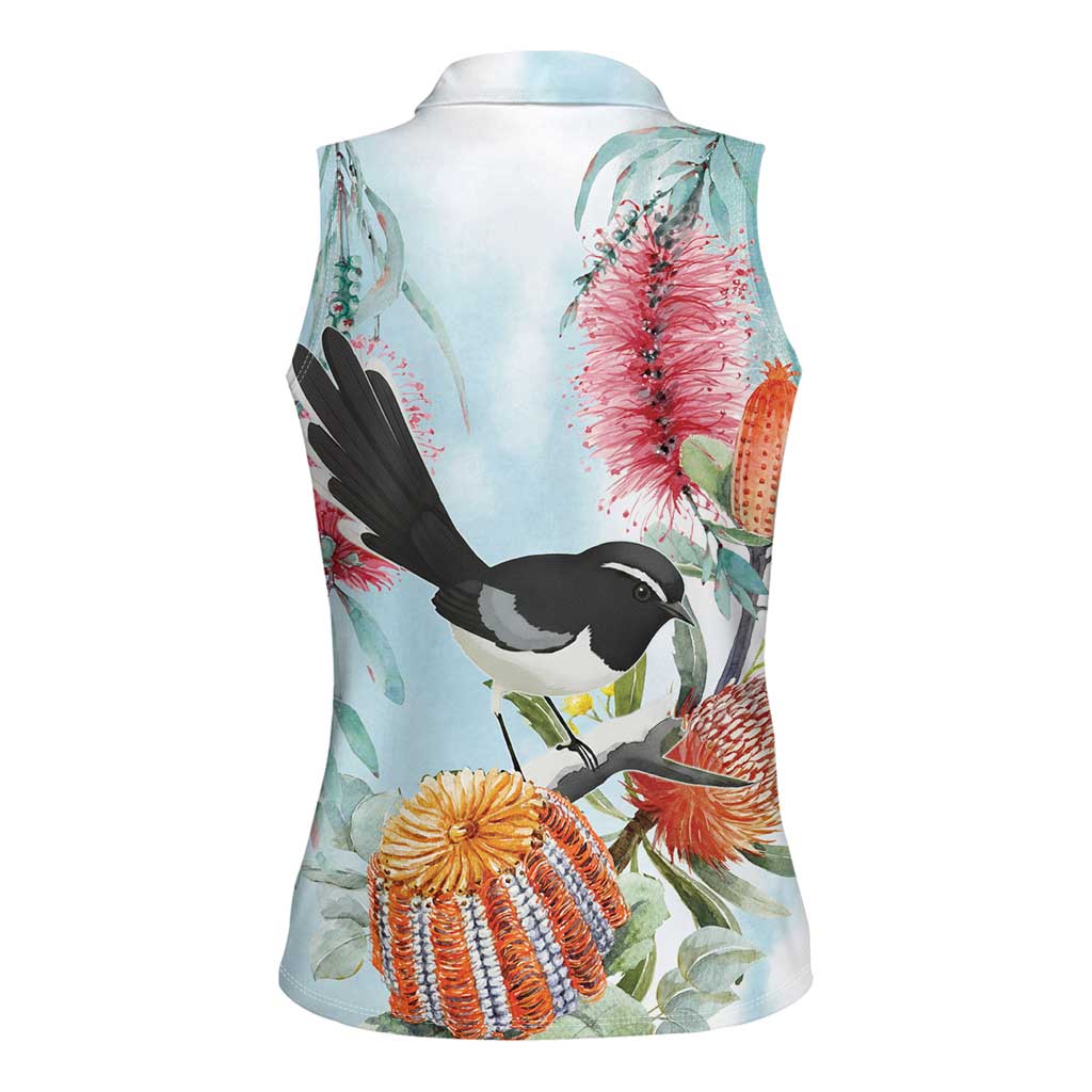 Willie wagtail Australia Women Sleeveless Polo Shirt Banksia Bottlebrushes Watercolor Stylized - Aussie Hoodie