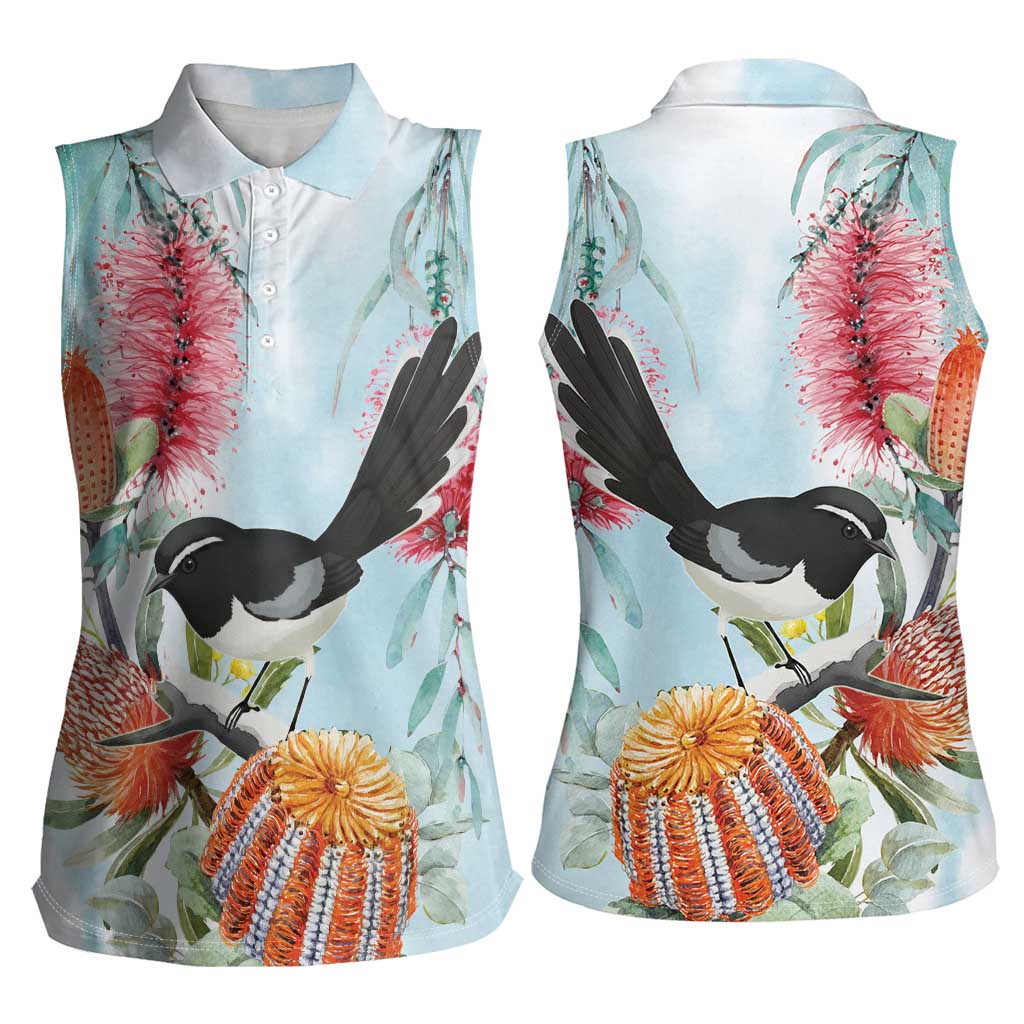 Willie wagtail Australia Women Sleeveless Polo Shirt Banksia Bottlebrushes Watercolor Stylized - Aussie Hoodie