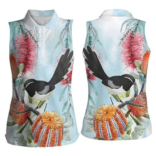 Willie wagtail Australia Women Sleeveless Polo Shirt Banksia Bottlebrushes Watercolor Stylized - Aussie Hoodie