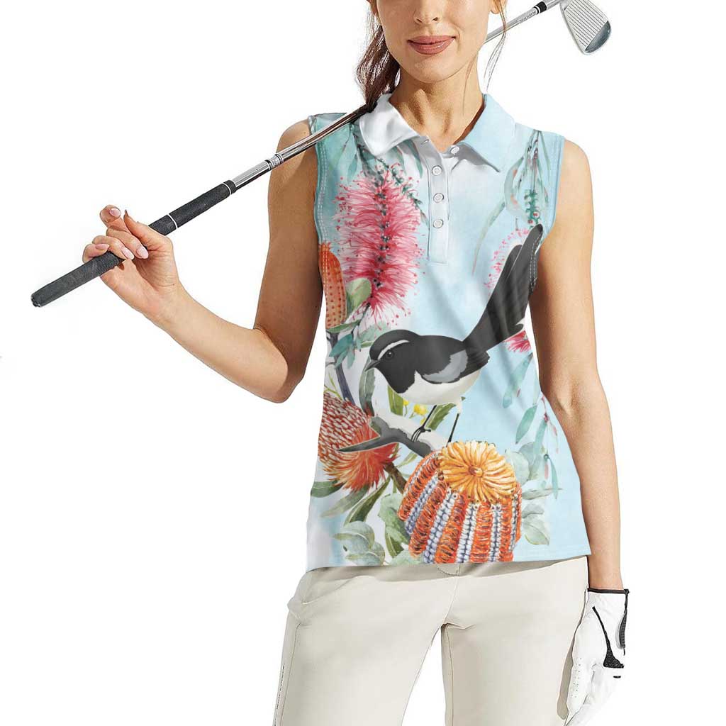 Willie wagtail Australia Women Sleeveless Polo Shirt Banksia Bottlebrushes Watercolor Stylized - Aussie Hoodie