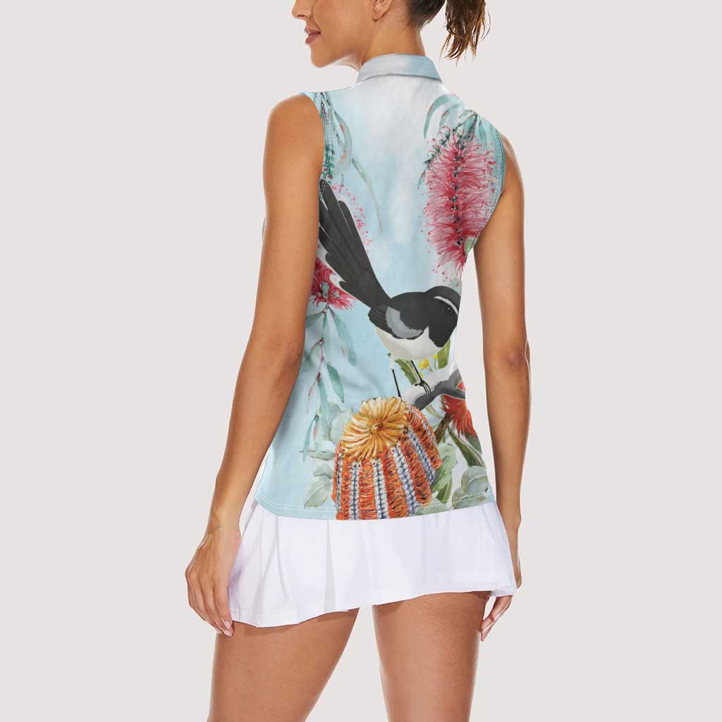 Willie wagtail Australia Women Sleeveless Polo Shirt Banksia Bottlebrushes Watercolor Stylized - Aussie Hoodie