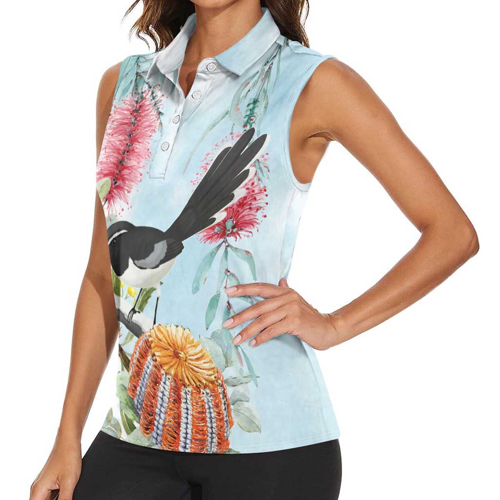 Willie wagtail Australia Women Sleeveless Polo Shirt Banksia Bottlebrushes Watercolor Stylized - Aussie Hoodie