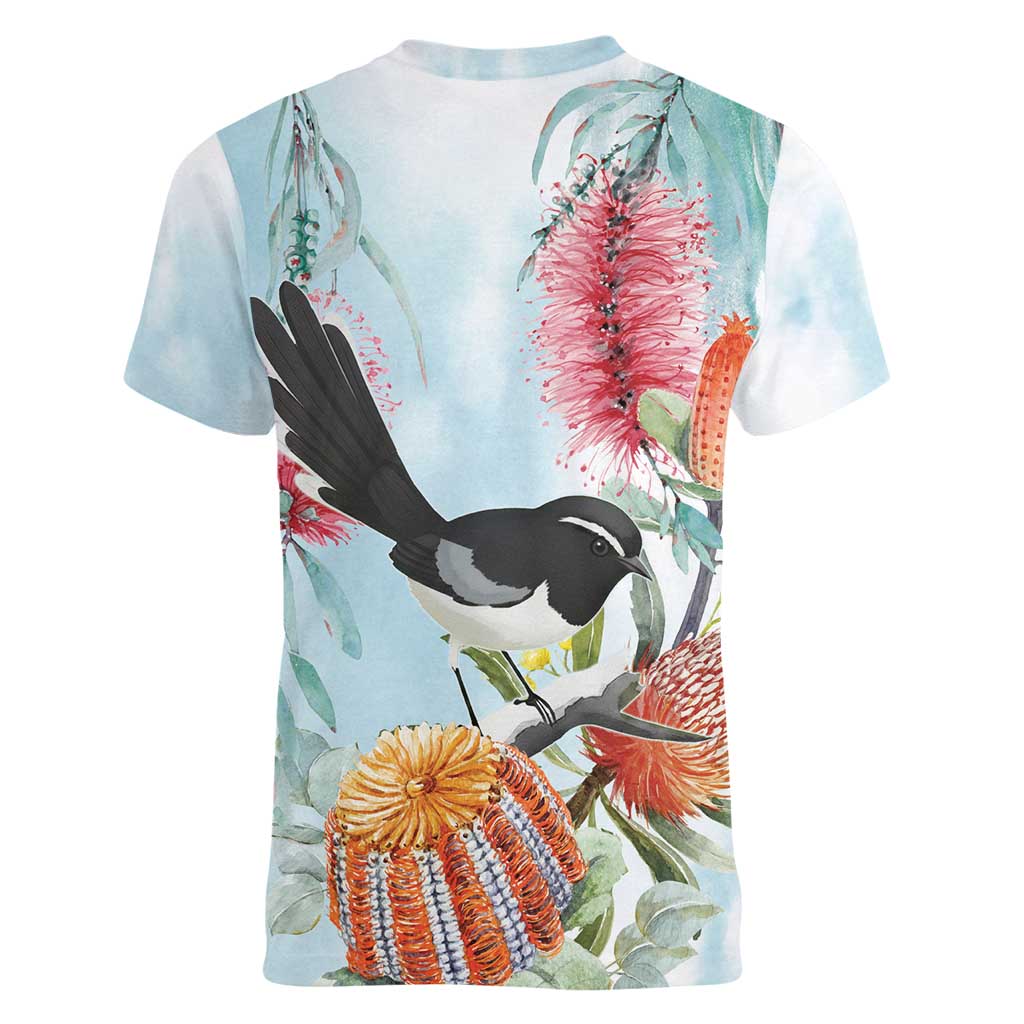 Willie wagtail Australia Women V-Neck T-Shirt Banksia Bottlebrushes Watercolor Stylized - Aussie Hoodie