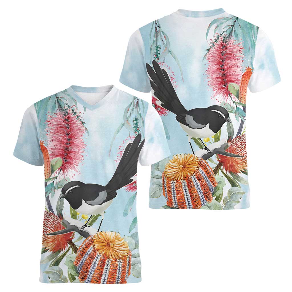 Willie wagtail Australia Women V-Neck T-Shirt Banksia Bottlebrushes Watercolor Stylized - Aussie Hoodie