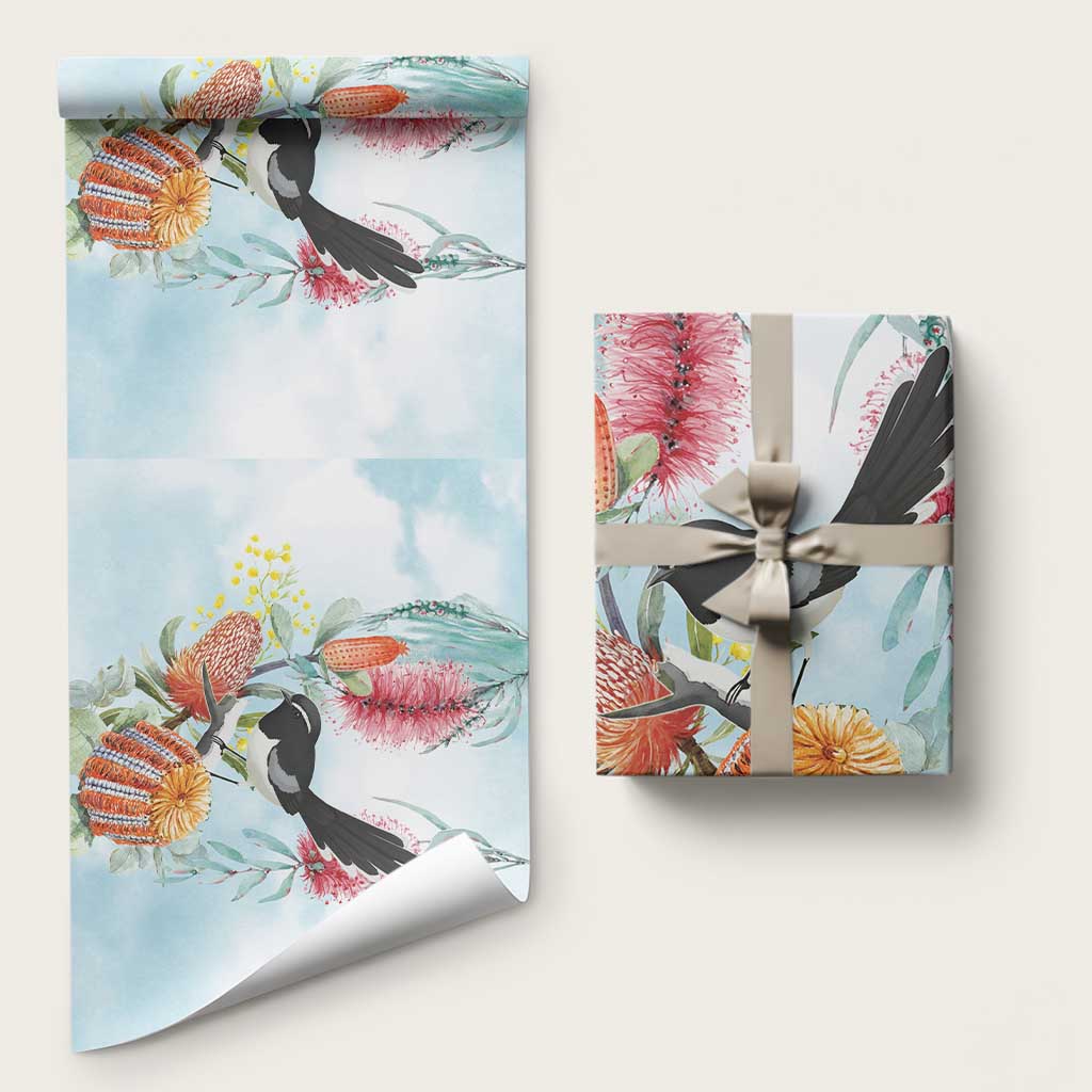 Willie wagtail Australia Wrapping Paper Banksia Bottlebrushes Watercolor Stylized - Aussie Hoodie