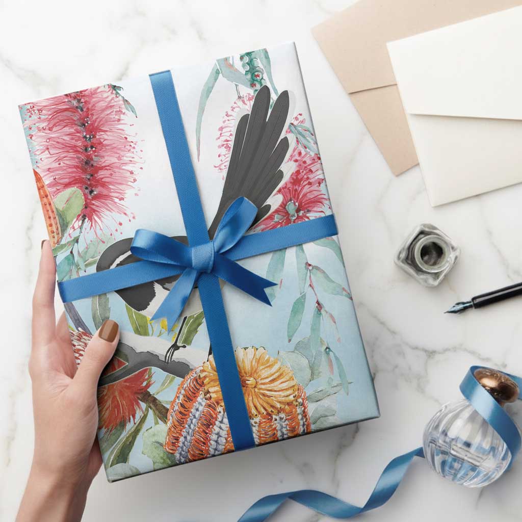 Willie wagtail Australia Wrapping Paper Banksia Bottlebrushes Watercolor Stylized - Aussie Hoodie