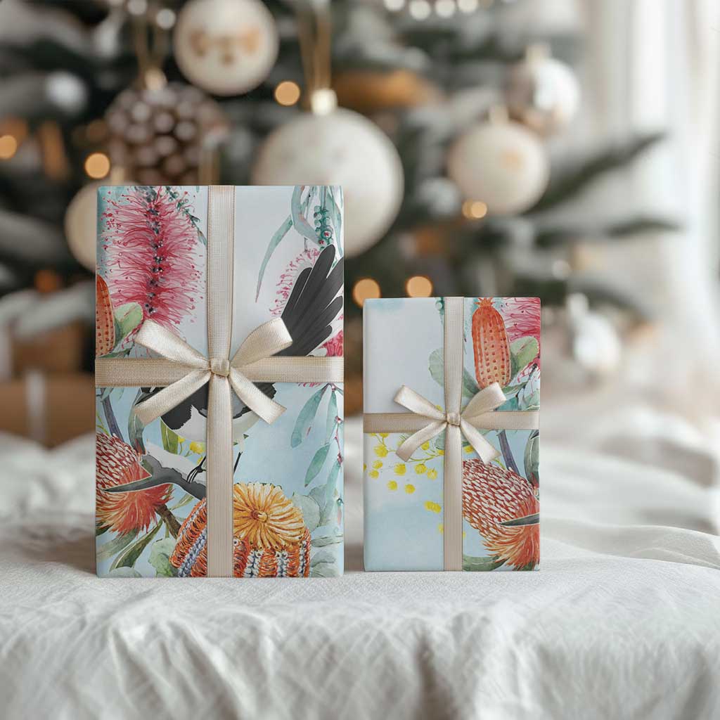Willie wagtail Australia Wrapping Paper Banksia Bottlebrushes Watercolor Stylized - Aussie Hoodie