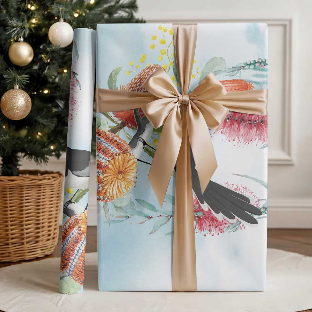 Willie wagtail Australia Wrapping Paper Banksia Bottlebrushes Watercolor Stylized - Aussie Hoodie