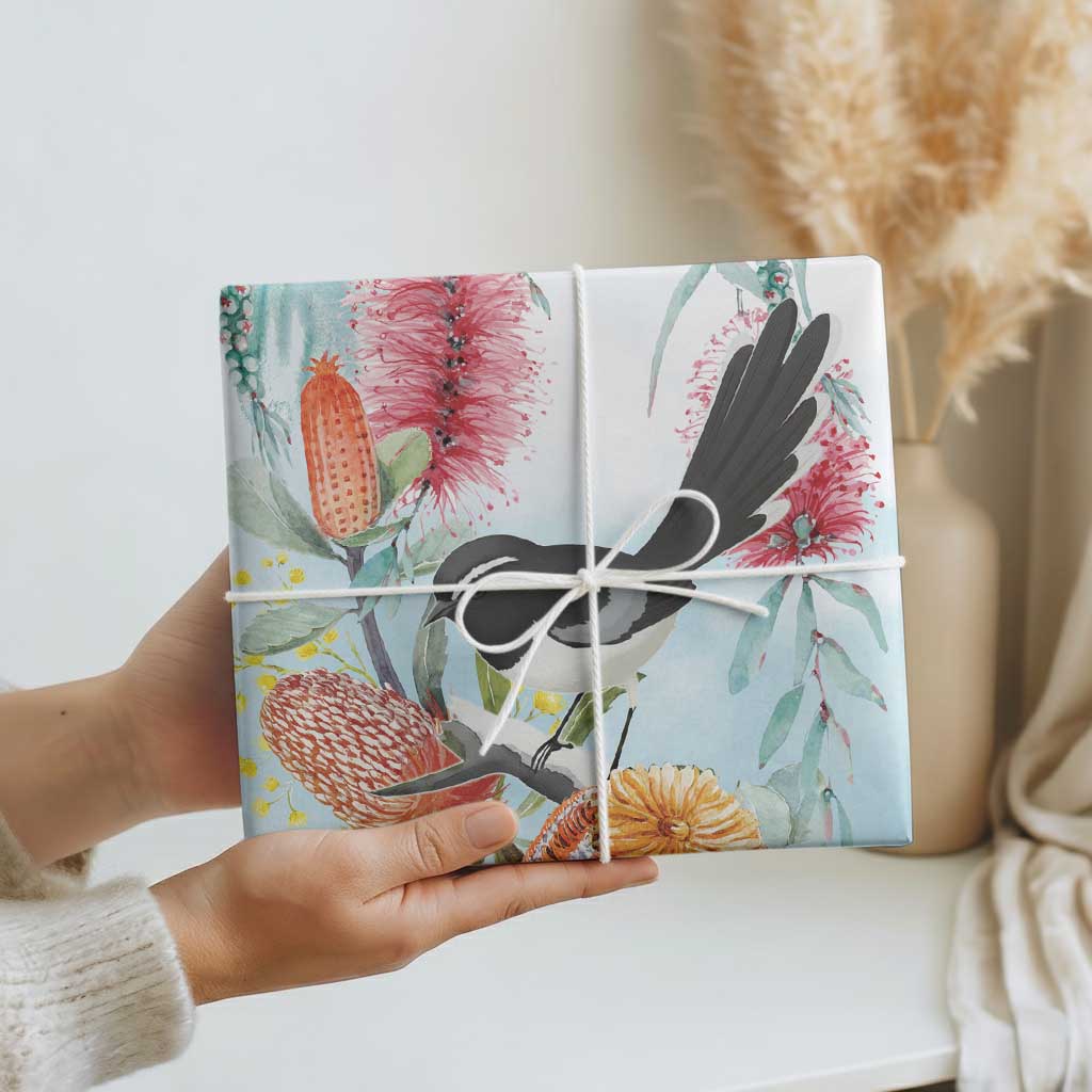 Willie wagtail Australia Wrapping Paper Banksia Bottlebrushes Watercolor Stylized - Aussie Hoodie
