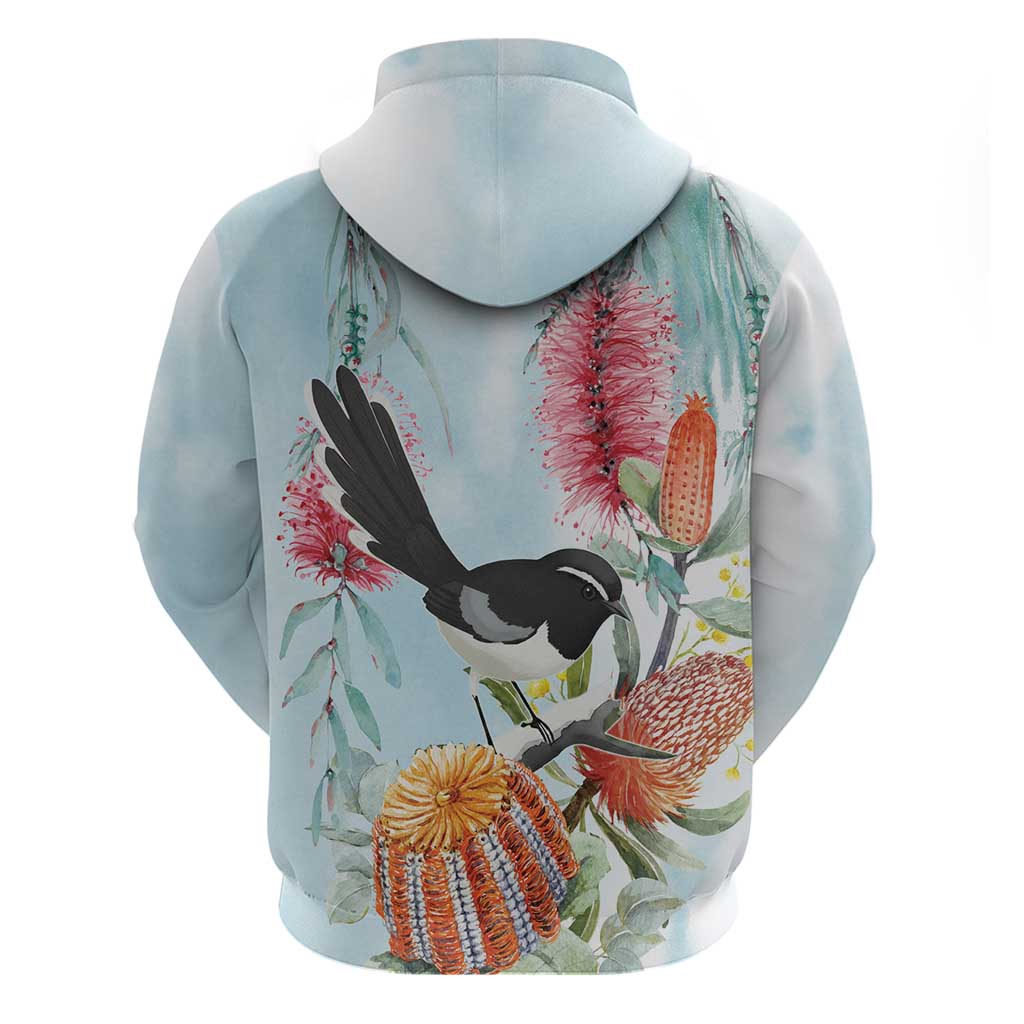 Willie wagtail Australia Zip Hoodie Banksia Bottlebrushes Watercolor Stylized - Aussie Hoodie