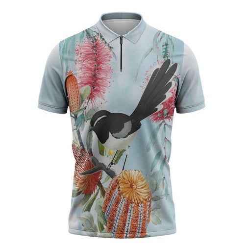 Willie wagtail Australia Zipper Polo Shirt Banksia Bottlebrushes Watercolor Stylized - Aussie Hoodie
