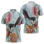 Willie wagtail Australia Zipper Polo Shirt Banksia Bottlebrushes Watercolor Stylized - Aussie Hoodie